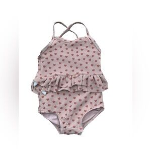 Quincy Mae Size 18-24 Months Hearts Print Ruffled One Piece Neutral Swimsuit